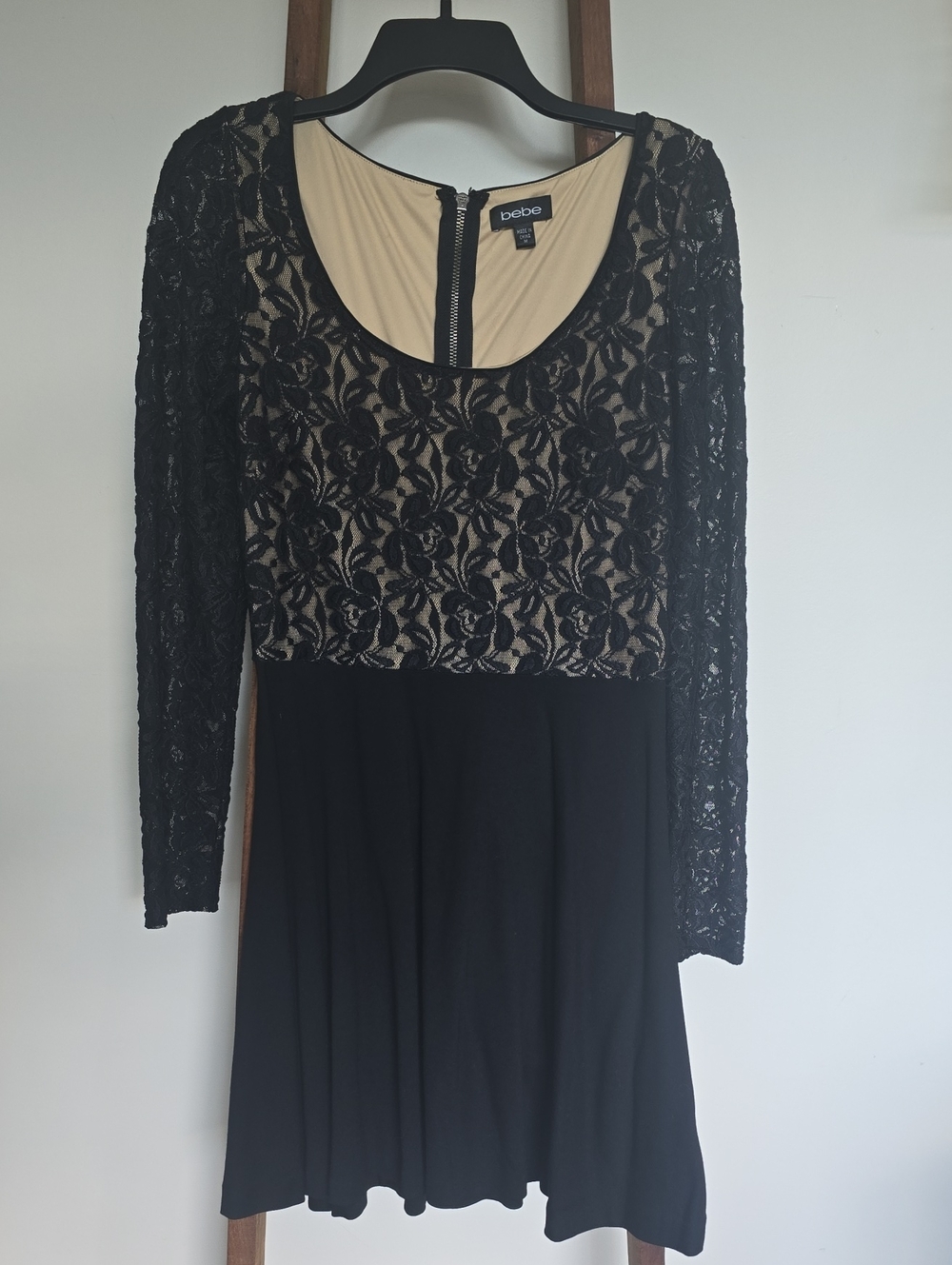 bebe Black Lace Overlay Dress with Nude Lining